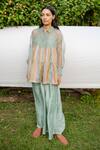 Buy_Ayaka_Green 100% Silk Organza, Viscose Tabby Hand Embroidered Shirt Collar Striped _Online_at_Aza_Fashions