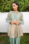 Shop_Ayaka_Green 100% Silk Organza, Viscose Tabby Hand Embroidered Shirt Collar Striped _Online_at_Aza_Fashions