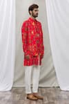 Ankur J_Red Cotton Silk Floral, Paisley Printed Waistcoat And Kurta Set _Online_at_Aza_Fashions
