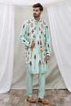 Ankur J_Blue Cotton Silk Floral Printed Waistcoat And Kurta Set _Online_at_Aza_Fashions