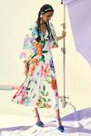 Buy_Limerick By Abirr N' Nanki_Ivory Hybrid Silk Floral V Neck Printed Draped Dress _at_Aza_Fashions