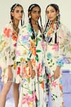 Shop_Limerick By Abirr N' Nanki_Ivory Hybrid Silk Floral V Neck Printed Draped Dress _at_Aza_Fashions