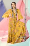 Buy_Limerick by Abirr N' Nanki_Yellow Georgette Printed Floral V Neck Balloon Sleeve Gown _at_Aza_Fashions