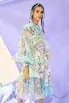 Buy_Limerick by Abirr N' Nanki_Green Crepe Printed Floral Motifs Collared Neck Puff Sleeve Shirt _at_Aza_Fashions
