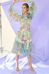Shop_Limerick by Abirr N' Nanki_Green Crepe Printed Floral Motifs Collared Neck Puff Sleeve Shirt _at_Aza_Fashions