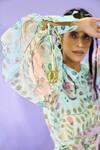 Limerick by Abirr N' Nanki_Green Crepe Printed Floral Motifs Collared Neck Puff Sleeve Shirt _Online_at_Aza_Fashions