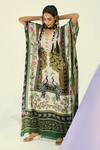 Buy_Limerick By Abirr N' Nanki_Green Crepe Bird And Floral Motifs V Neck Peacock Print Kaftan _at_Aza_Fashions
