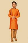 Buy_Banana Bee_Orange Dupion Raw Silk Printed Geometric Kurta Set_at_Aza_Fashions