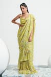 Buy_Mahima Mahajan_Yellow Georgette Printed Floral Habiba Pre-stitched Ruffle Saree With Blouse _at_Aza_Fashions