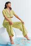 Buy_Mahima Mahajan_Yellow Textured Cotton Printed Floral Motifs Notched Lara Jacket And Pant Set _Online_at_Aza_Fashions