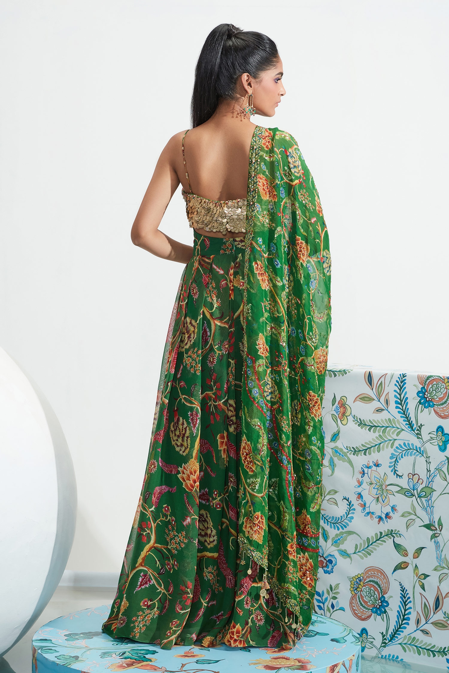 Shop_Mahima Mahajan_Green Georgette Embellished Coin Sweetheart Sahar Floral Print Draped Pant Set _at_Aza_Fashions