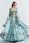 Buy_Mahima Mahajan_Blue Satin Organza Embroidered Floral Motifs Plunge Samara Print Lehenga Set _at_Aza_Fashions