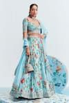 Mahima Mahajan_Blue Satin Organza Embroidered Floral Motifs Plunge Samara Print Lehenga Set _Online_at_Aza_Fashions