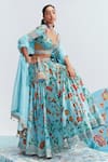 Buy_Mahima Mahajan_Blue Satin Organza Embroidered Floral Motifs Plunge Samara Print Lehenga Set _Online_at_Aza_Fashions