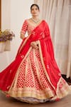 Buy_Shyam Narayan Prasad_Red Raw Silk And Chiffon Gota & Thread Scoop Neck Embroidered Bridal Lehenga Set _Online_at_Aza_Fashions