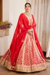 Shyam Narayan Prasad_Red Raw Silk And Chiffon Gota & Thread Scoop Neck Embroidered Bridal Lehenga Set _Online_at_Aza_Fashions