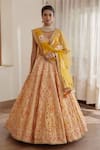 Buy_Shyam Narayan Prasad_Yellow Silk And Net Gota & Thread Leaf Neck Floral Embroidered Bridal Lehenga Set _at_Aza_Fashions