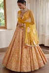 Shyam Narayan Prasad_Yellow Silk And Net Gota & Thread Leaf Neck Floral Embroidered Bridal Lehenga Set _Online_at_Aza_Fashions