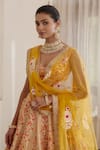 Buy_Shyam Narayan Prasad_Yellow Silk And Net Gota & Thread Leaf Neck Floral Embroidered Bridal Lehenga Set _Online_at_Aza_Fashions