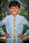 Little Luxury_Blue Chanderi Embroidery Thread Floral Kurta Set  _Online_at_Aza_Fashions