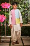 Shop_Little Luxury_Multi Color Chanderi, Silk Embroidery Colorblock Bundi And Kurta Set _at_Aza_Fashions