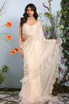 Buy_Julie by Julie Shah_White Georgette Embroidery Floral Pre-draped Ruffle Saree With Blouse _at_Aza_Fashions