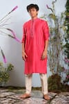 Buy_Julie by Julie Shah_Coral Chanderi Embroidery Pintuck Kurta  _at_Aza_Fashions