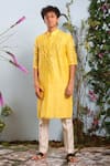 Julie by Julie Shah_Yellow Chanderi Embroidery Resham Floral Kurta  _Online_at_Aza_Fashions