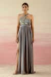 Buy_Shweta Aggarwal_Grey Nirvana Satin Embellished Geometric Motifs Halter Neck Bodice Slit Gown_at_Aza_Fashions