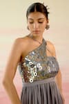 Shop_Shweta Aggarwal_Grey Nirvana Satin Embellished Geometric Motifs Halter Neck Bodice Slit Gown_Online_at_Aza_Fashions