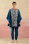 Buy_Shweta Aggarwal_Blue Upada Silk Embroidered Polka Dot And Leaf Motifs Round Tunic & Pant Set_at_Aza_Fashions