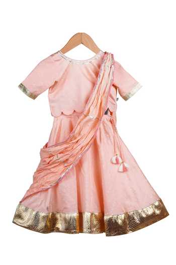 Buy_MI Dulce AN'YA_Peach Handloom Cotton, Chanderi, Silk Gota Patti, Bandhani Print Lehenga Set _at_Aza_Fashions