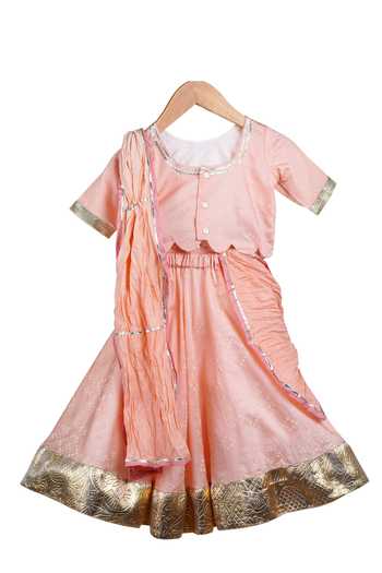 Shop_MI Dulce AN'YA_Peach Handloom Cotton, Chanderi, Silk Gota Patti, Bandhani Print Lehenga Set _at_Aza_Fashions