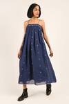 Buy_Indigo Dreams_Blue 100% Cotton Geometric Straight Jane Handwoven Jamdani Dress_at_Aza_Fashions