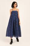 Buy_Indigo Dreams_Blue 100% Cotton Geometric Straight Jane Handwoven Jamdani Dress_Online_at_Aza_Fashions