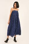 Shop_Indigo Dreams_Blue 100% Cotton Geometric Straight Jane Handwoven Jamdani Dress_Online_at_Aza_Fashions