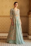 Osaa by Adarsh_Blue Tissue Embroidery And Applique Sequin V Neck Jacket Lehenga Set  _Online_at_Aza_Fashions