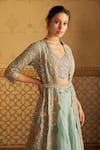 Buy_Osaa by Adarsh_Blue Tissue Embroidery And Applique Sequin V Neck Jacket Lehenga Set  _Online_at_Aza_Fashions