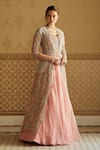 Buy_Osaa by Adarsh_Pink Organza Embroidery And Applique Sequin V Neck Jacket Lehenga Set  _Online_at_Aza_Fashions