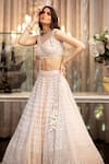 Roqa_Grey Butterfly Net Hand Embroidered Pearl V Neck Floral Lehenga And Blouse Set _Online_at_Aza_Fashions