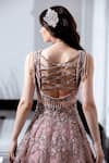 Shop_Roqa_Peach Butterfly Net Hand Embroidered Geometric-floral Motifs Plunge Floral Gown _at_Aza_Fashions