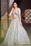 Buy_Roqa_Grey Art Organza Hand Embroidered Floral Motifs Plunge V Neck Gown _at_Aza_Fashions