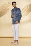 Nero by Shaifali and Satya_Grey Jodhpuri Suede Handwork And Pant Set_Online_at_Aza_Fashions