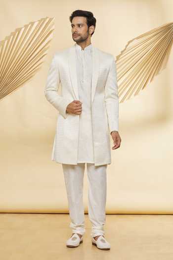 Classic Cream Cotton Kurta Set with Geometric Print, Subtle Handwork, Metal Trim Highlights, Printed Dupatta and Coordinated Solid Pants