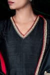 Shimai Jayachandra_Black Degummed Raw Silk Embroidery Zardozi V Neck Kurta Set  _Online_at_Aza_Fashions