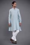 Raghavendra Rathore Jodhpur_Blue Waistcoat - Linen Silk Woven Paisley Jacquard And Kurta Set _Online_at_Aza_Fashions