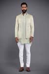 Raghavendra Rathore Jodhpur_Green Linen Silk Embroidery Paisley Bandhgala _Online_at_Aza_Fashions