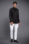 Shop_Raghavendra Rathore Jodhpur_Black Bandhgala Jacket - Linen Silk Plain Set _at_Aza_Fashions