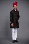 Raghavendra Rathore Jodhpur_Black Linen Silk Embroidery Floral Achkan _Online_at_Aza_Fashions