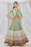 Buy_Ankur J_Green Cotton Silk Mag Print Lehenga With Embroidered Cape_at_Aza_Fashions